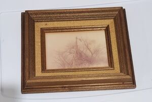 Vintage Framed Art Print Rustic Wood Frame Burlap Mat Windmill Farm Scene